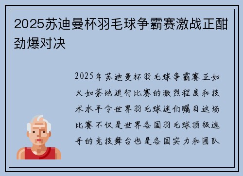 2025苏迪曼杯羽毛球争霸赛激战正酣劲爆对决